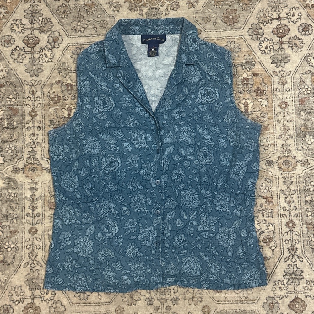 Charter Club Blue Floral Sleeveless Blouse
